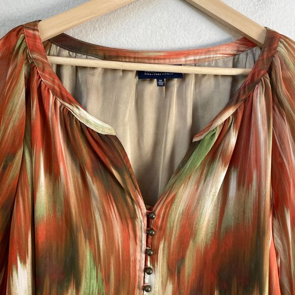 Jones New York Woman Plus 3X Signature Blouse Orange Green Pattern Shirt Top - Picture 7 of 9